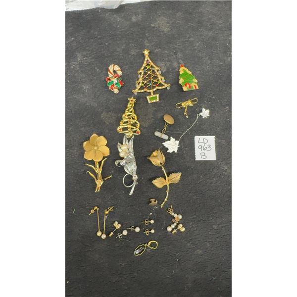 Assorted Brooches Including Christmas Brooches, Floral Brooches, and Some Earrings