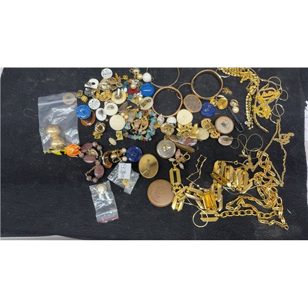 Assorted FashionJewelry Including Bangles, Chains, Brooches, Buttons, Clip Earrings