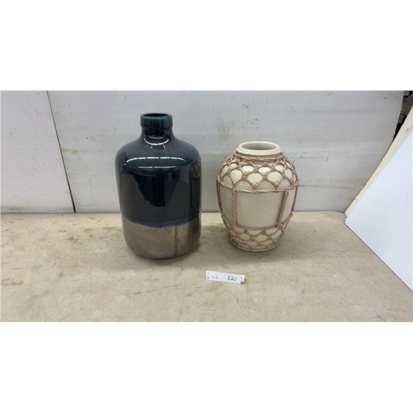 Two Decorative Ceramic Vases, Blue and Gold Glazed Jug and Cream Pot With Woven Rattan Net, Tallest