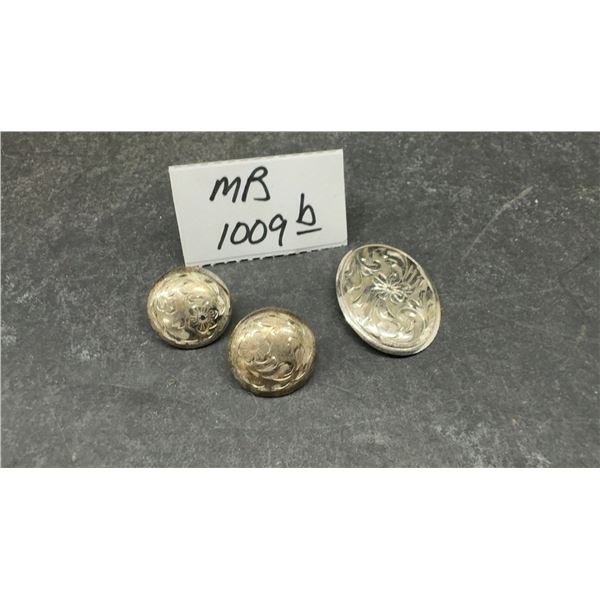 Forstner Sterling Silver Engraved Floral and Scroll Brooch and Dome Buttons Clip on Earrings
