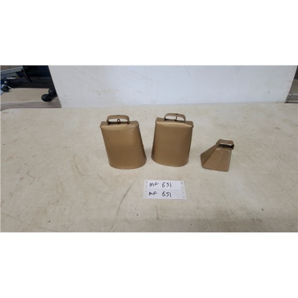 Set of Three Painted Metal Cowbells with Gold Finish, Varying Sizes