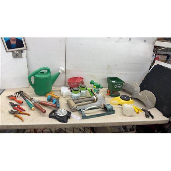 Assortment of Garden Tools Including Hedge Shears, Hand Rake, Cultivator, Pruners