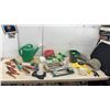 Image 1 : Assortment of Garden Tools Including Hedge Shears, Hand Rake, Cultivator, Pruners