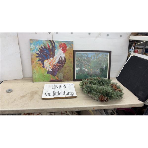 Two Pictures: Monkeys in the Orange Grove, 19 1/2 × 24” Rooster Collage, 24 × 24”, Slogan Art and