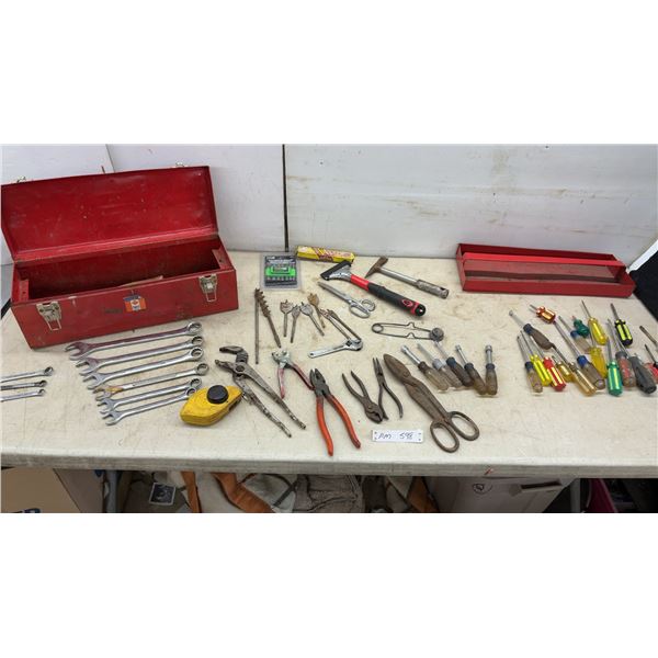 Metal Toolbox With Wrenches, Screwdrivers, Nut Drivers, Pliers, Drill Bits, Snips