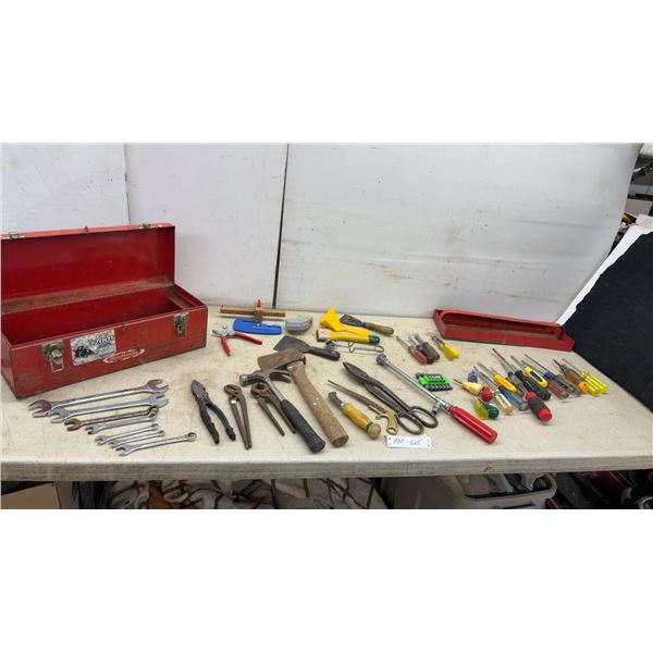Metal Toolbox with Wrenches, Pliers, Hammers, Screwdrivers, Hatchet, Nut Drivers