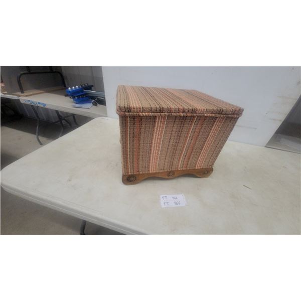 Striped Fabric and Wood Storage Box with Scalloped Sides and Carved Details 12”×15”×13”