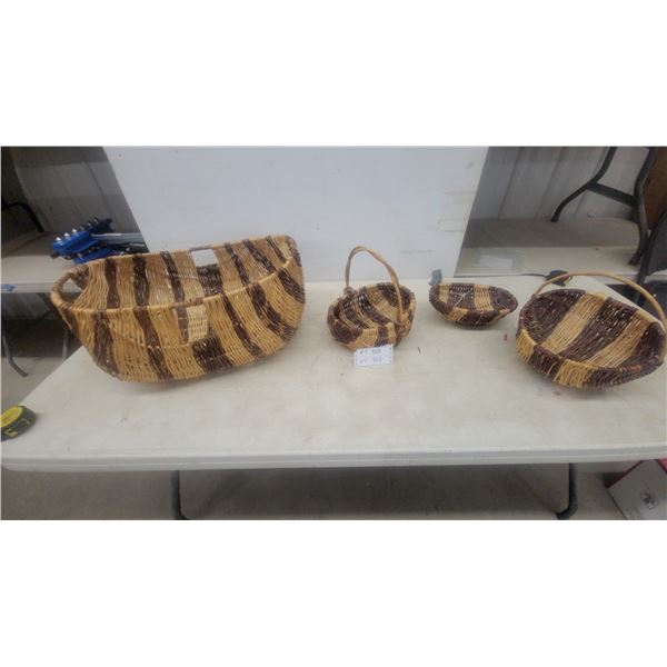 Four Woven Baskets, Two with Handles, One Large and Three Small, hand woven red willow