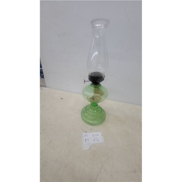 Antique Green depression Glass Kerosene Lamp with Clear Glass Chimney and Wick