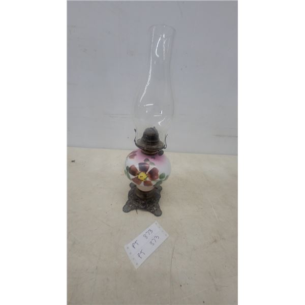 Coal Oil Lamp with hand painted Floral Design and Ornate Metal Base