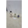 Image 1 : Three Oil Lamps: Clear Glass Pedestal Lamp, Green Glass Pedestal Lamp, and Blue Glass Lamp