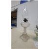 Image 2 : Three Oil Lamps: Clear Glass Pedestal Lamp, Green Glass Pedestal Lamp, and Blue Glass Lamp