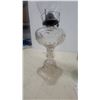 Image 3 : Three Oil Lamps: Clear Glass Pedestal Lamp, Green Glass Pedestal Lamp, and Blue Glass Lamp