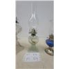 Image 4 : Three Oil Lamps: Clear Glass Pedestal Lamp, Green Glass Pedestal Lamp, and Blue Glass Lamp