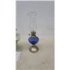 Image 5 : Three Oil Lamps: Clear Glass Pedestal Lamp, Green Glass Pedestal Lamp, and Blue Glass Lamp