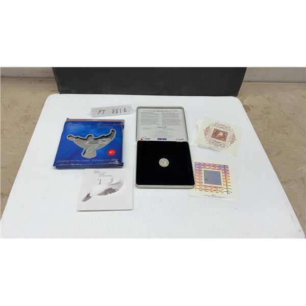 Two Canada Post Official Millennium Keepsake Set 2000 with Silver Coin, Stamps and Tin