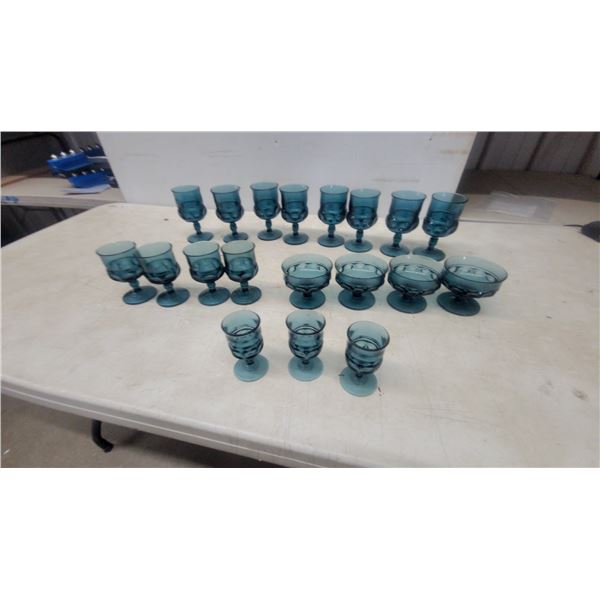 Vintage Blue Glass Goblets and Sherbet Dishes, 24 Pieces Total