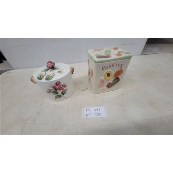 2 Vintage Ceramic Cookie Jar with Raised Cookie Design and Floral Rose Lidded Jar