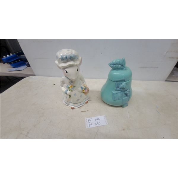 Ceramic Mouse Figurine with Basket and Pear-Shaped Cookie Jar with Bees and Window