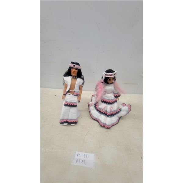 Two Crocheted Dolls: Male Doll in White and Pink Outfit, Female Doll in White and Pink Dress