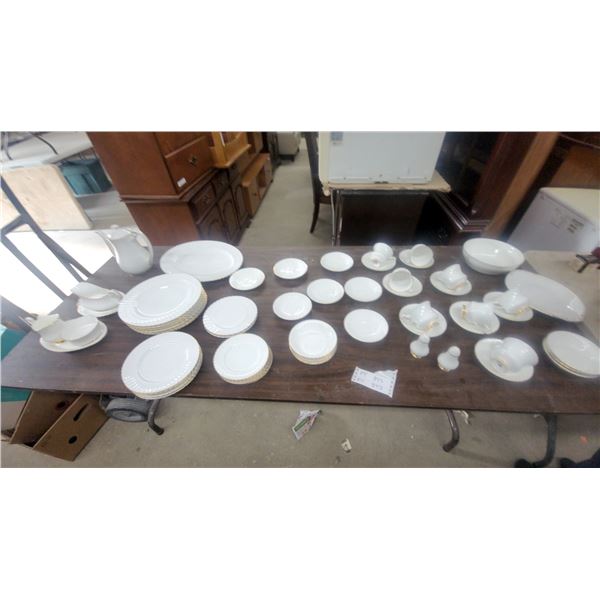 69 place settingLarge White and Gold Dinnerware Set: Coffee Pot, Gravy Boat, Dinner Plates, Sa 69