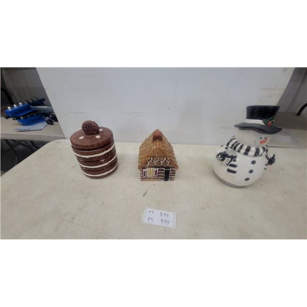 Three Cookie Jars: Snowman, Gingerbread House, and Stacked Cookies