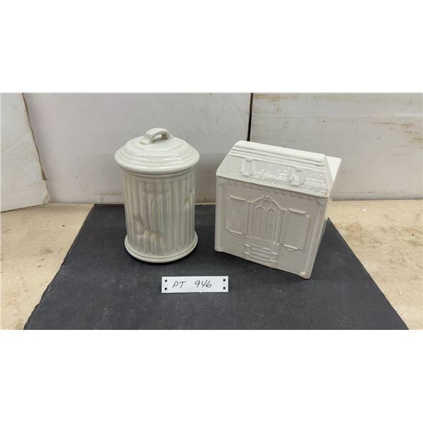 Boston Warehouse Ceramic Trash Can Cookie Jar and House-Shaped Ceramic Canister