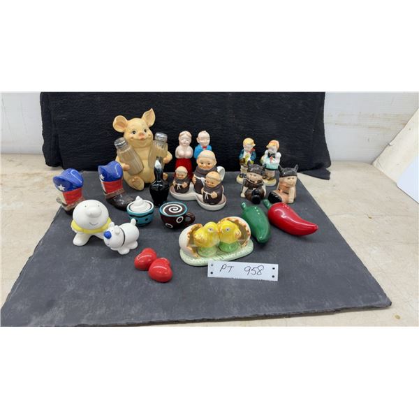 Ceramic Salt and Pepper Shaker Collection Including Pig, Monks, Chili Peppers