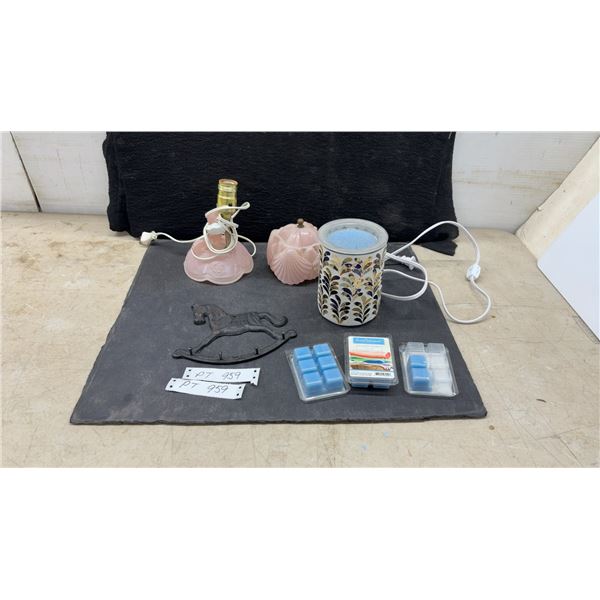 Electric Wax Warmer, Vintage Pink Glass Lamp, Cast Iron Rocking Horse Hook and Wax Melts