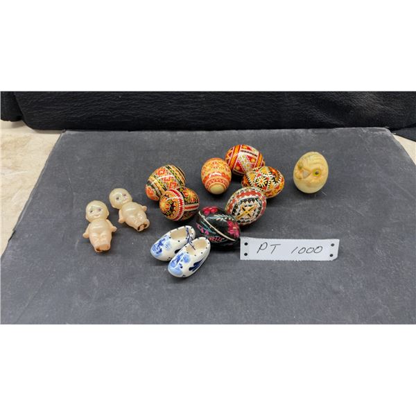 Ukrainian Pysanky Easter Eggs, Kewpie Dolls, Carved Owl, and Ceramic Mini Dutch Clogs