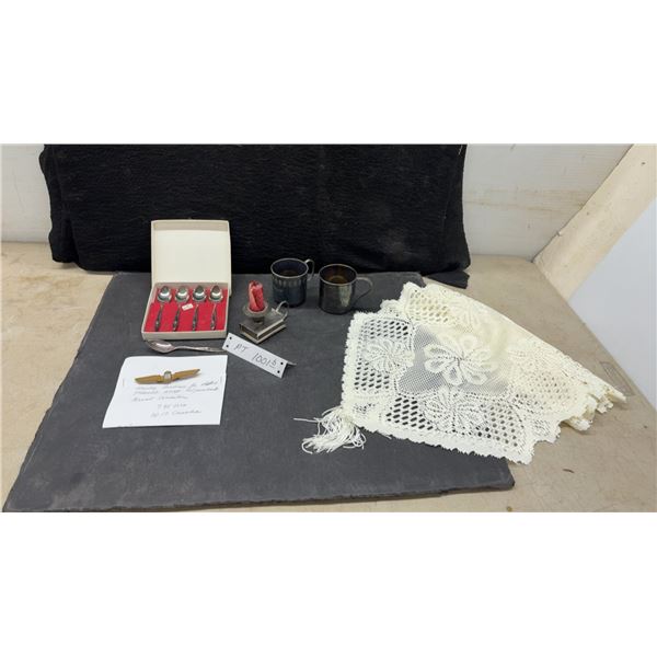 United Airlines Jr. Pilot Wings, EPNS Warwick Plate Mugs, Spoons, Candlestick Holder with Matches