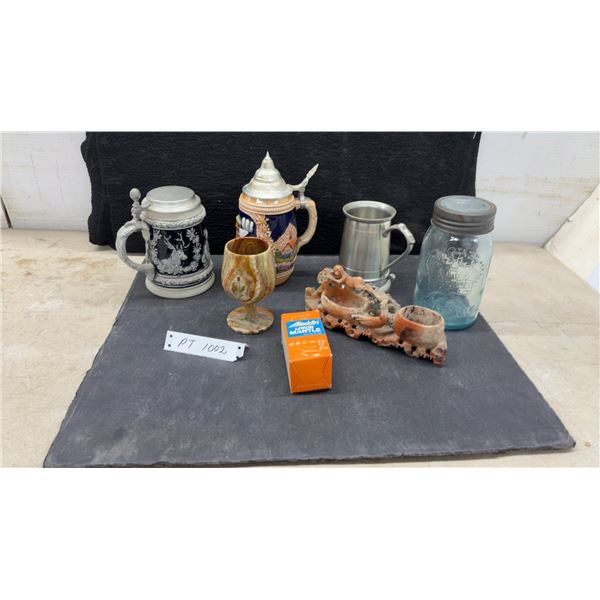 German Beer Steins, Pewter Tankard, Onyx Goblet, Ball Mason Jar, Aladdin R-150 Mantle Box