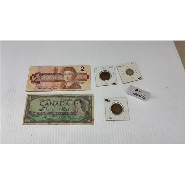 Canadian Currency Lot: 1986 $2 and 1954 $1 Banknotes, 1929 Newfoundland Large Cent