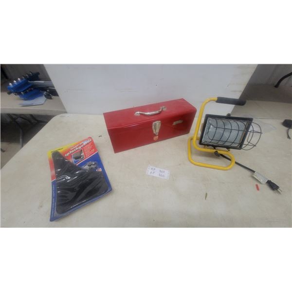 PowerFlow Clamp-On Splashguards, Red Metal Toolbox, and halegon Work Light