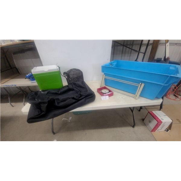 Better Homes and Gardens Alarm Clock, Green Cooler, Black Bag, Woven Light Fixture, and Blue Bin
