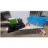 Image 1 : Better Homes and Gardens Alarm Clock, Green Cooler, Black Bag, Woven Light Fixture, and Blue Bin
