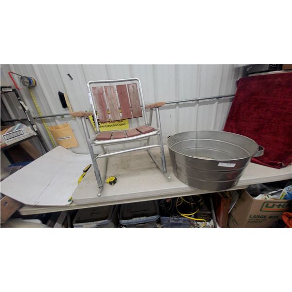 Galvanized Metal Round Washtub with Handles and yard chair