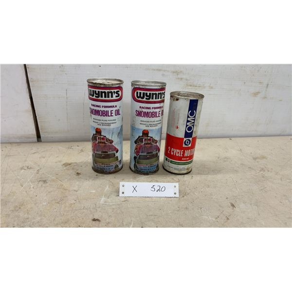 Two Wynn's Racing Formula Snomobile Oil .57 Litre Cans and OMC 2 Cycle Motor Oil 500mL Can. With