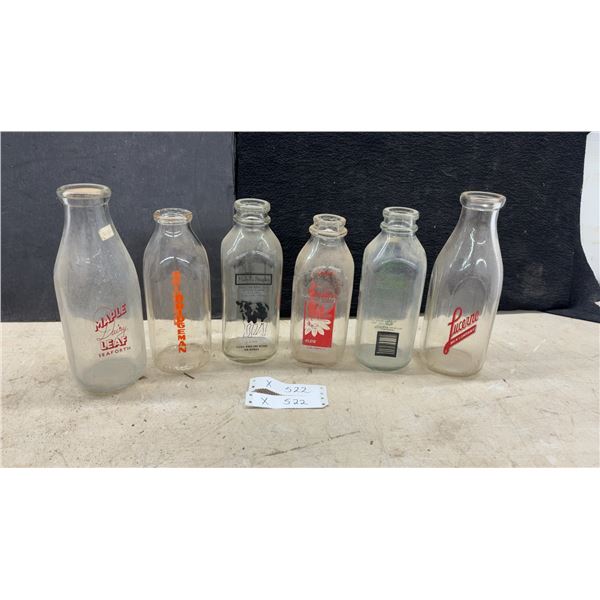 Vintage Glass Milk Bottles Including Maple Leaf Dairy, Bridgeman, Mabel's Staples, Lucerne