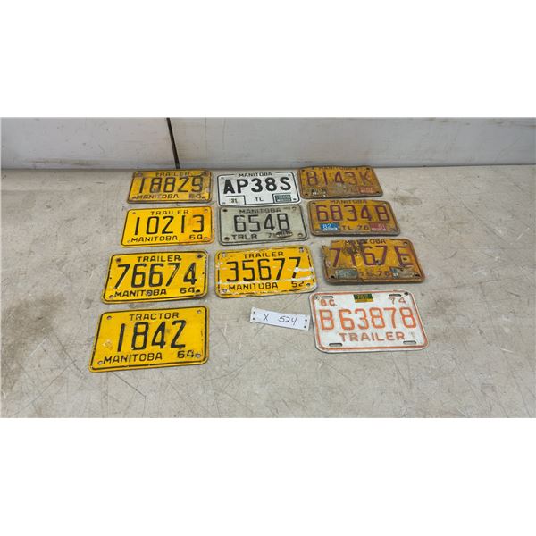 Vintage Manitoba and British Columbia Trailer, Tractor License Plates, 1952, 64, 71, 74 and 1976