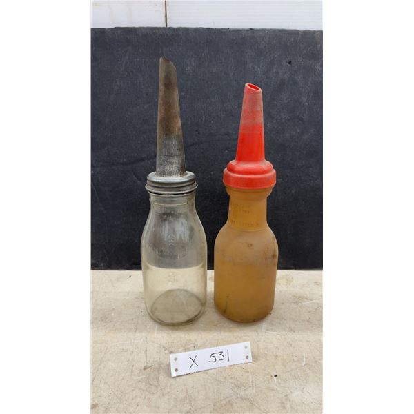 Vintage Imperial Quart Glass Oil Bottle with Metal Spout and Plastic One Liter Oil Dispenser