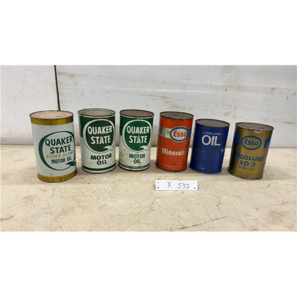 Six Quaker State, Esso Mineralube, Gulf, and Essolube XD-3 Vintage Motor Oil 1 and 1.14 Litre