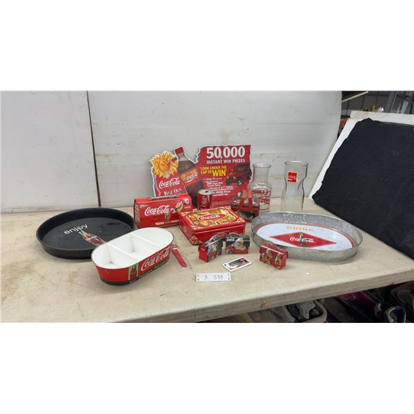 Coca-Cola Collectibles: Cardboard Advertising Sign 12 × 20” Trays, Tins, Santa Lunchboxes, New
