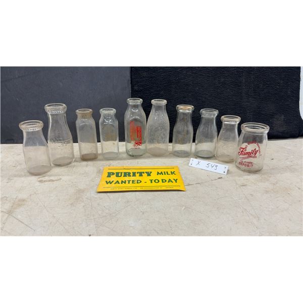 Vintage Glass Milk / Cream Bottles, Bridgeman, Family Creamery and Purity Milk Sign