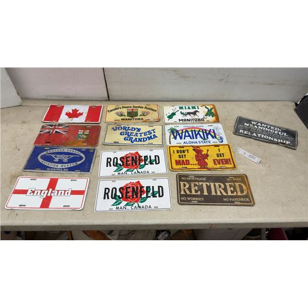 Novelty License Plates Including Manitoba, Waikiki, Rosenfeld, England, Retired