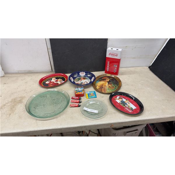 Coca-Cola Collectibles, Glass Platters, Glasses, Metal Trays, Tin Bank, Lighters
