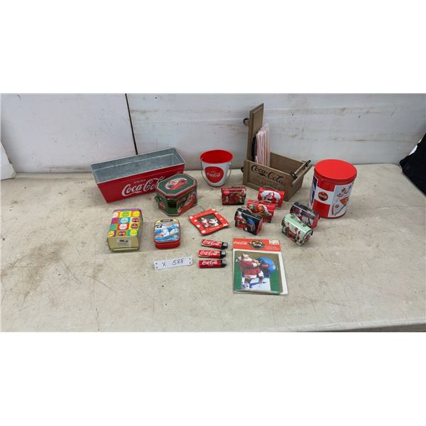 Coca-Cola Collectibles Including Tins, Wooden Crate, Mini Lunchboxes, Lighters