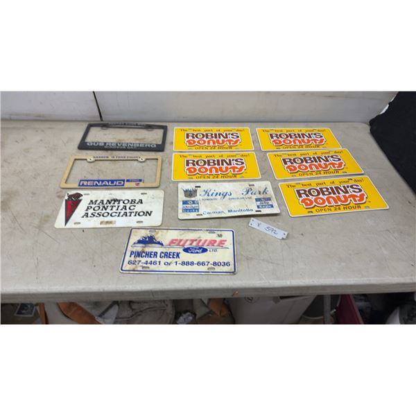 Vintage Dealership Novelty Plates and Frames Including Robin's Donuts, Kings Park, Renaud Ford
