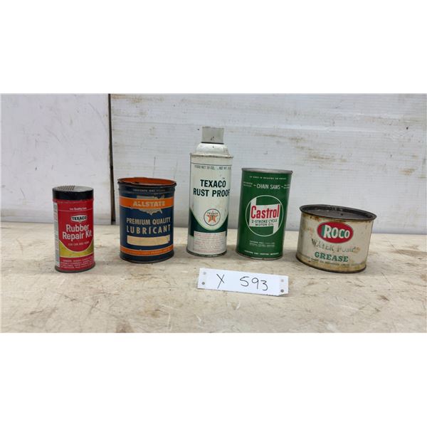 Vintage Texaco, Allstate, Castrol, and Roco Automotive Lubricant and Repair Tins, Some with Product