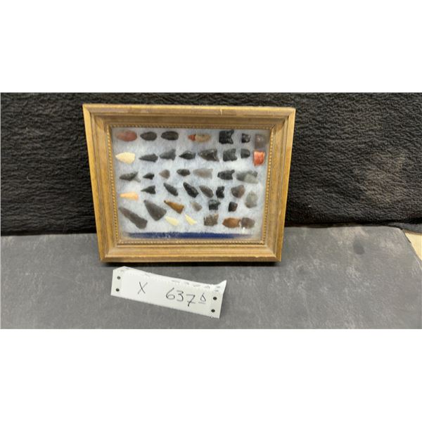 Framed Display of Approximately 50 Flaked Stone Arrowheads and Primitive Tools, 6 × 7 3/4”